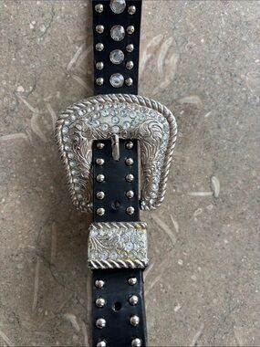 Black Studded Western Belt with Rhinestone Silver Buckled
